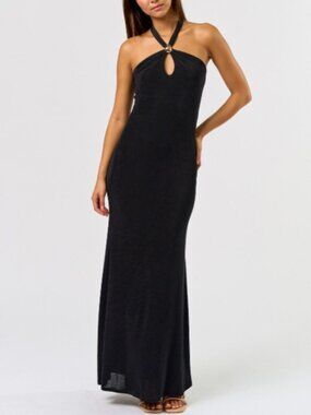 Blue Blush Metal Trim Halter Maxi Dress in Black
